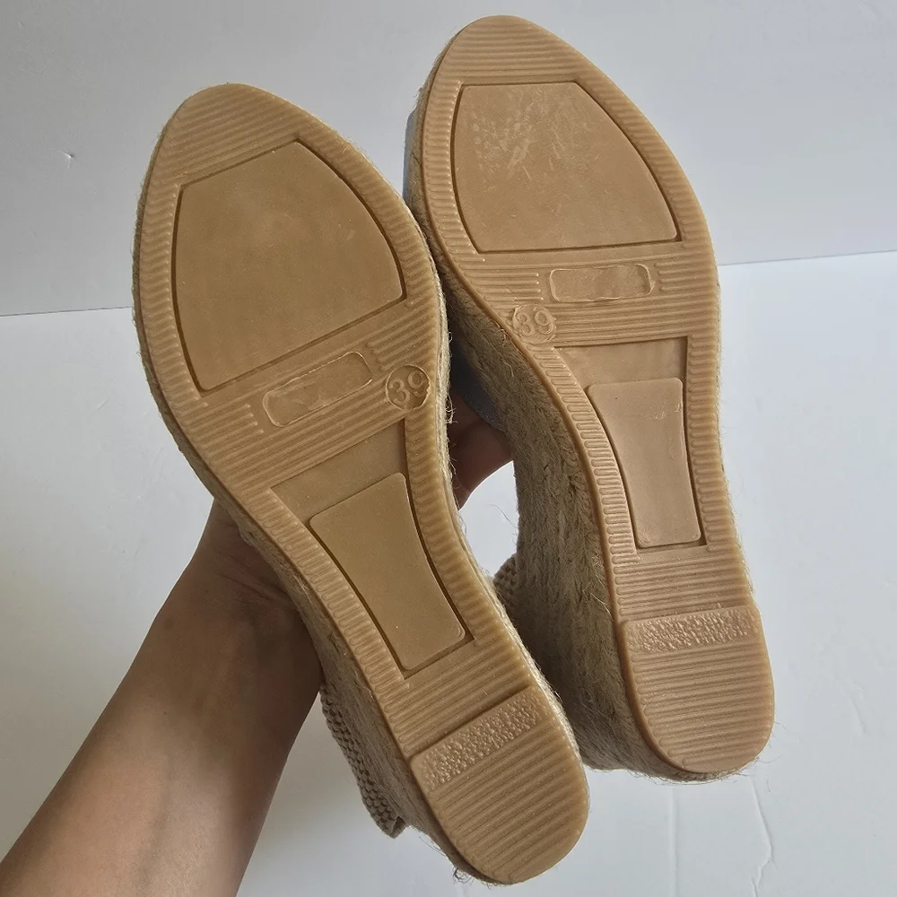Ganni Canvas Open Toe Wedge Platform Lace Up Espadrilles Light Blue Cream